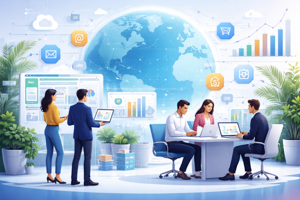 A vibrant digital illustration showcasing a dynamic business scene, with professionals navigating technology in a modern office environment. The background features futuristic icons, a glowing digital globe, and a diverse team collaborating with laptops, charts, and cloud computing elements.