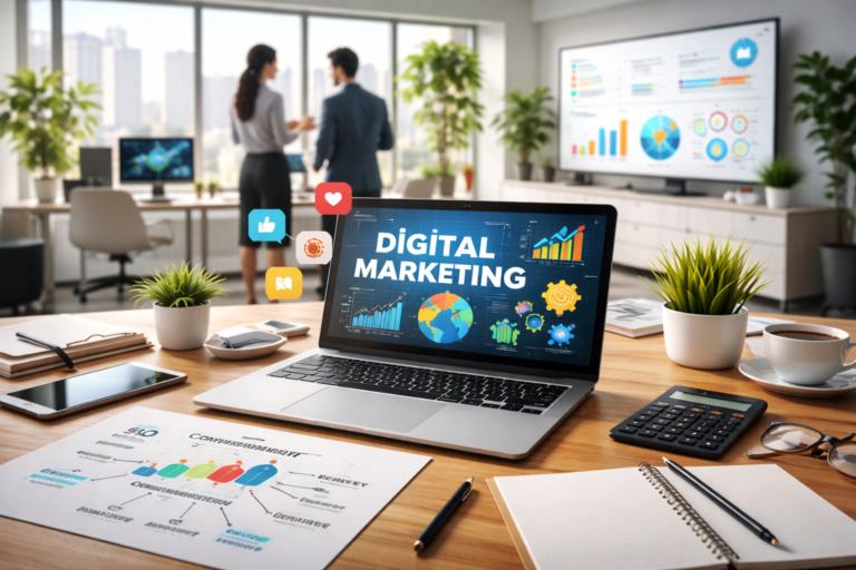 Modern digital marketing workspace with laptops, analytics dashboards, and a professional team collaborating in a contemporary office environment