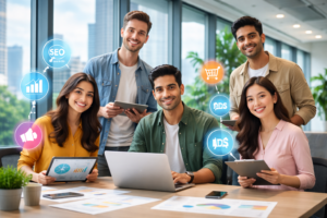 A diverse group of five digital marketers collaborating in a modern office with floating icons representing SEO, social media, PPC, and analytics. The office features panoramic windows and a city view.