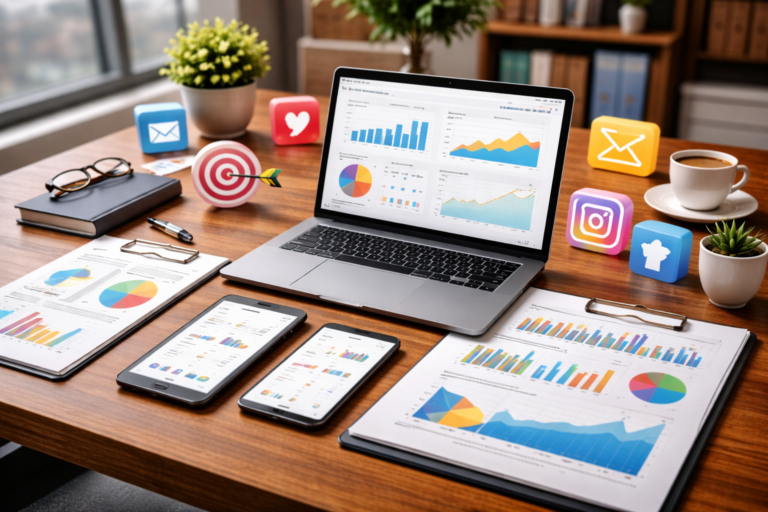 A modern marketing agency workspace with a laptop displaying analytical graphs, smartphones showing social media data, and various marketing tools like a clipboard, notebook, and colorful reports. 3D social media icons and marketing statistics enhance the scene.