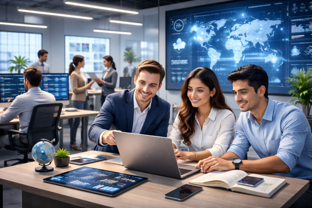Professionals collaborating in a modern office with laptops, data dashboards, and global network visuals, representing S3BGlobal global business and technology services