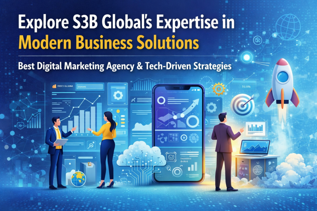 S3B Global business solutions illustration showing digital marketing, technology integration, and growth strategy