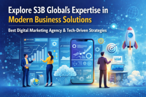 S3B Global business solutions illustration showing digital marketing, technology integration, and growth strategy