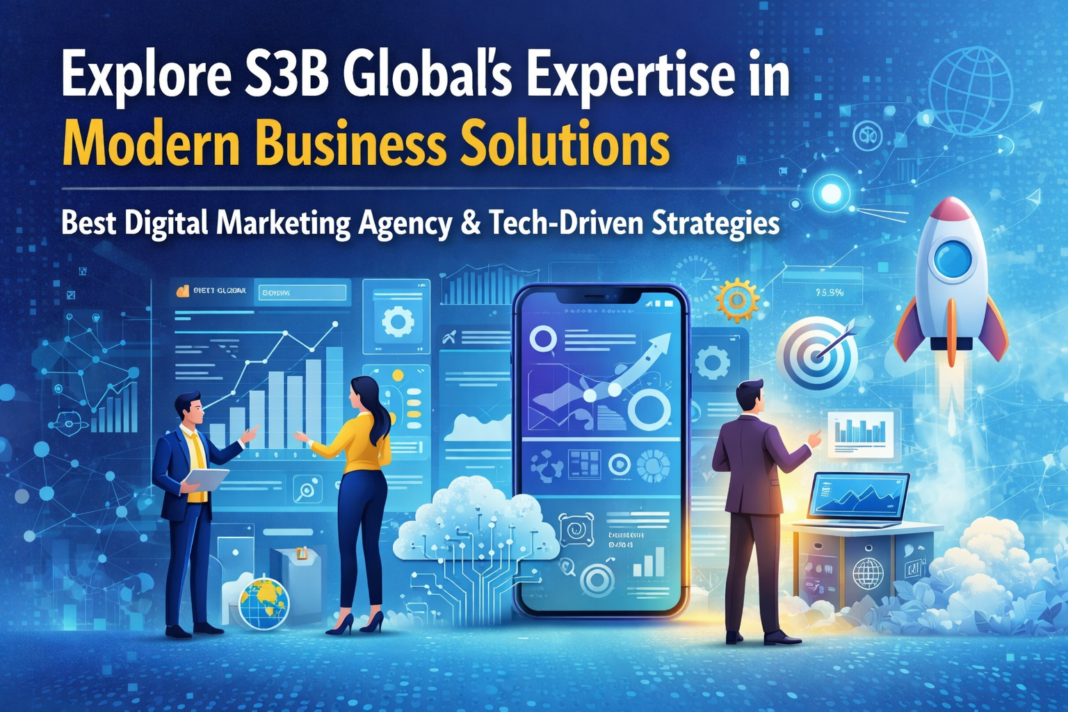 S3B Global business solutions illustration showing digital marketing, technology integration, and growth strategy