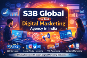 Promotional banner for S3B Global showcasing digital marketing services like SEO, Social Media Marketing, PPC, and Content Marketing with futuristic design and professional data analysis.