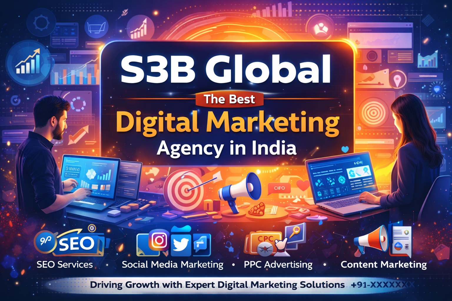 Promotional banner for S3B Global showcasing digital marketing services like SEO, Social Media Marketing, PPC, and Content Marketing with futuristic design and professional data analysis.