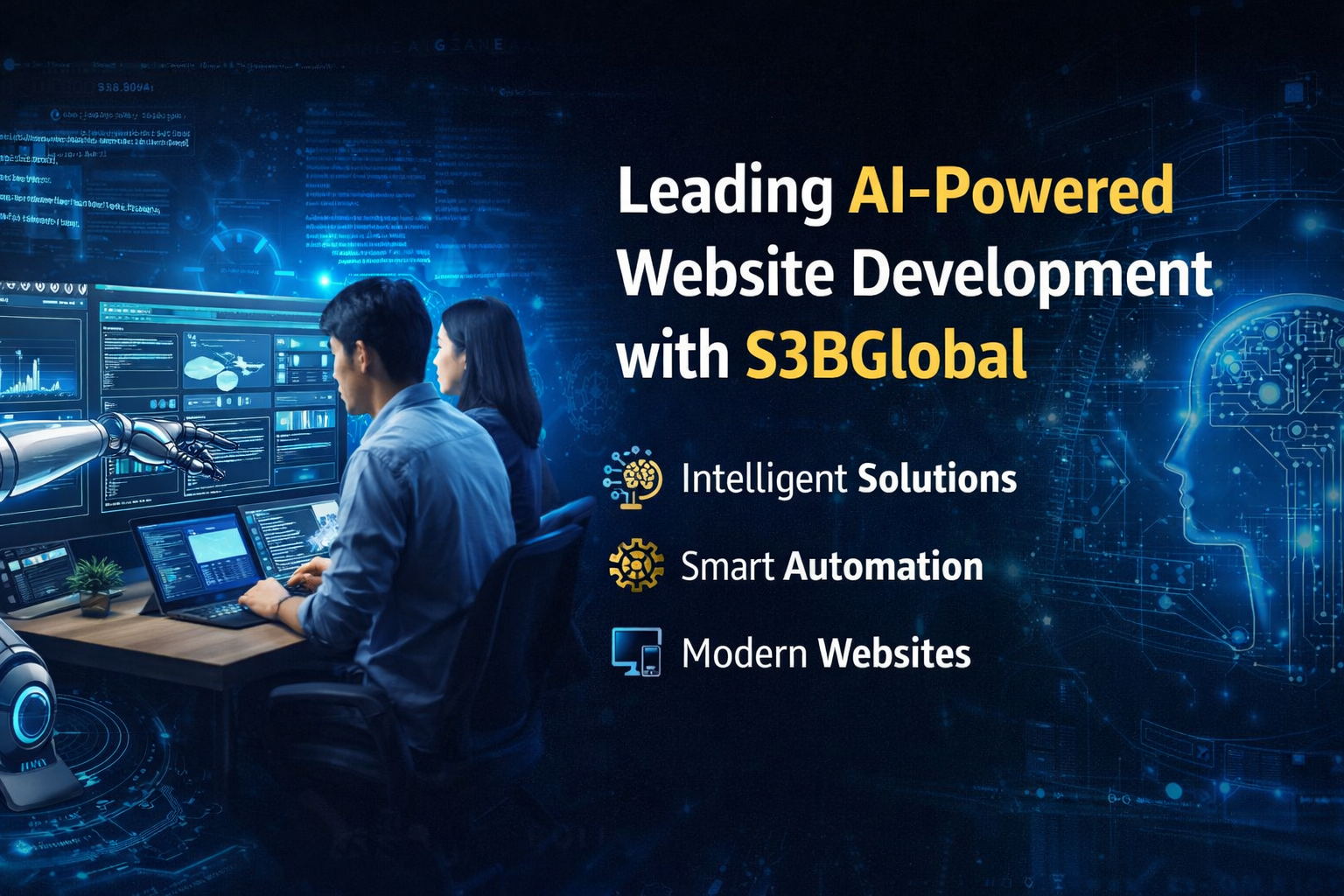 AI-powered website development by S3BGlobal showing developers working with smart automation technology