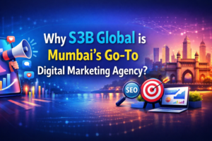 A vibrant digital banner featuring the question "Why S3B Global is Mumbai's Go-To Digital Marketing Agency?" with bold text and futuristic design elements such as a smartphone, SEO icons, and the Mumbai skyline. The background includes a dynamic gradient of blue and purple with glowing patterns.