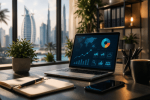 A modern workspace bathed in warm sunlight, featuring a laptop displaying digital marketing analytics, a smartphone, a notebook, and pens, with a view of a city skyline in the background, creating a professional and inviting environment.