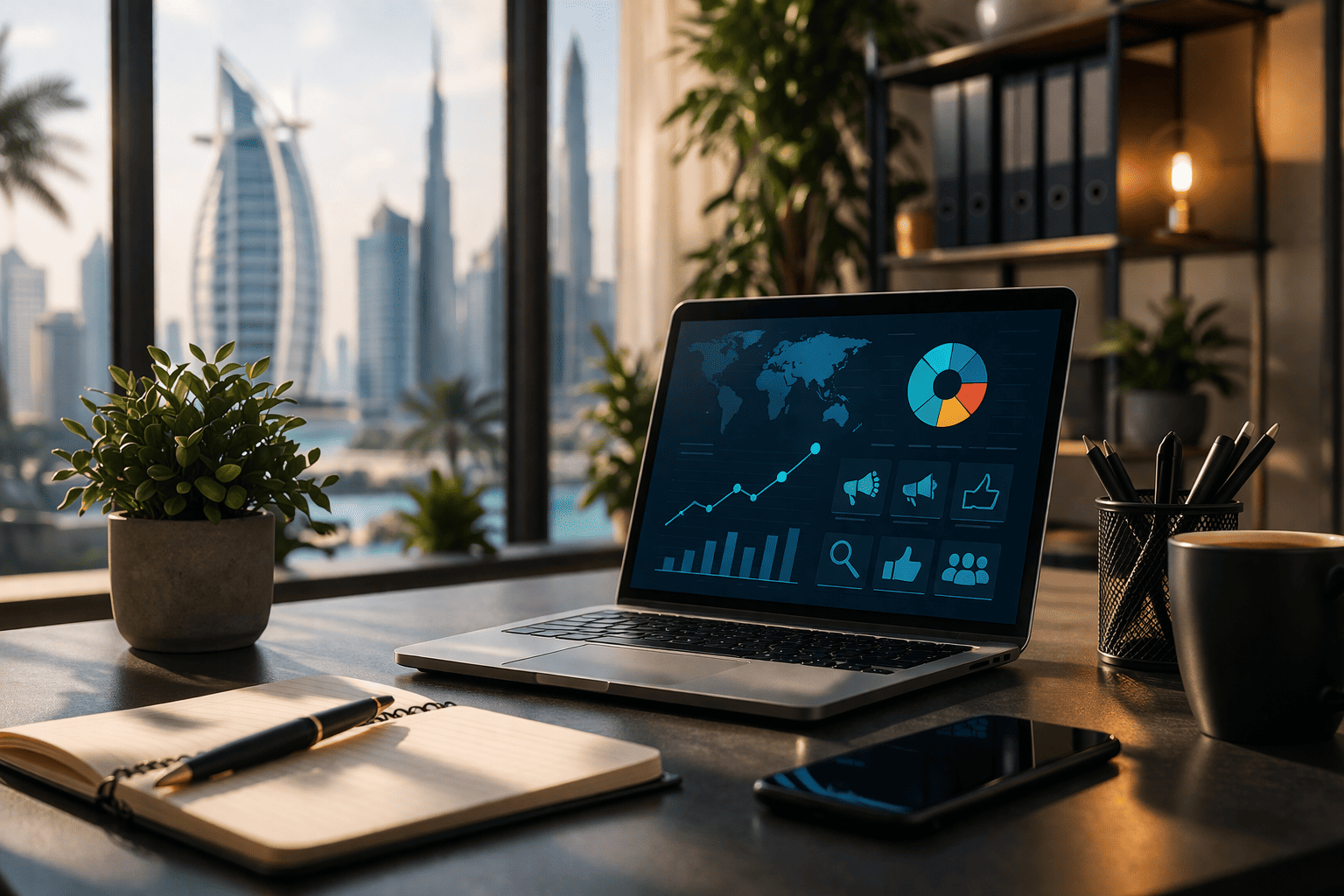 A modern workspace bathed in warm sunlight, featuring a laptop displaying digital marketing analytics, a smartphone, a notebook, and pens, with a view of a city skyline in the background, creating a professional and inviting environment.