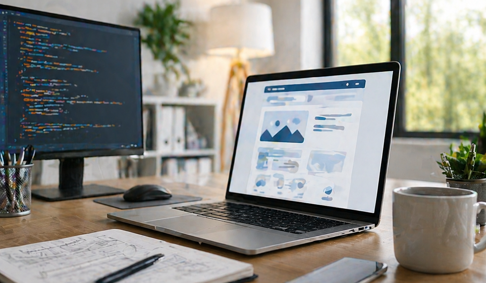 A tidy, modern workspace featuring a laptop displaying a web design mockup, a monitor with colorful code, and simple decor such as plants and stationery.