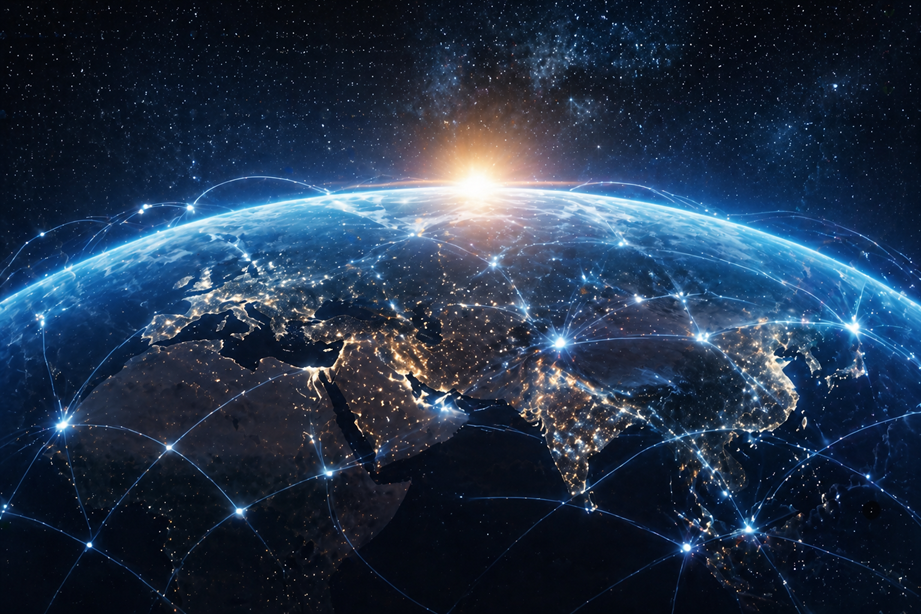 A stunning sci-fi illustration of Earth from space, showcasing glowing city lights and a network of luminous nodes representing global communication links. The planet is bathed in the light of a warm sunrise with a cool blue atmospheric hue.