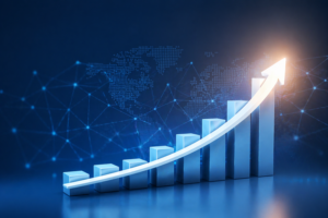 digital growth concept with rising graph global network illustration business growth strategy