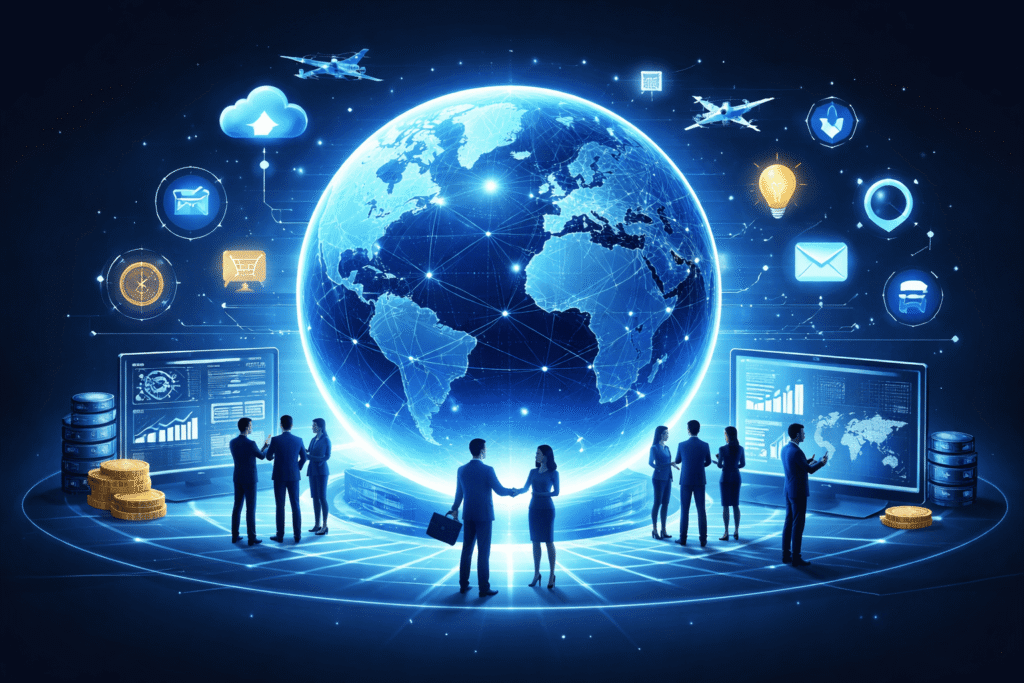 A futuristic digital world with interconnected networks representing global business expansion. Business professionals collaborate around digital dashboards with the world as a background.