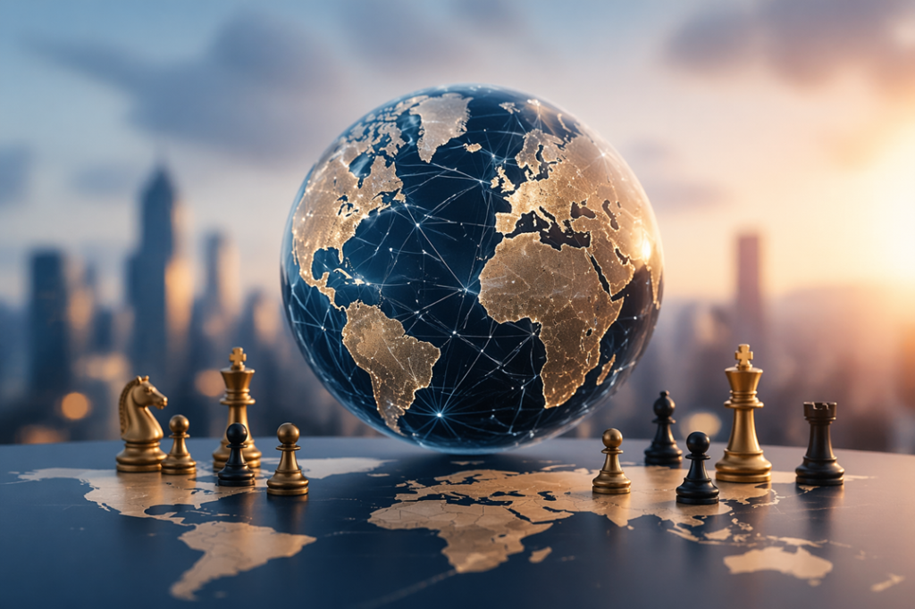 A high-resolution 3D render showcasing a globe surrounded by a network of connection lines with metallic chess pieces on a strategy-inspired chessboard, symbolizing global business competition.