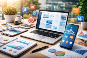 web development and digital marketing workspace with analytics dashboard and responsive design