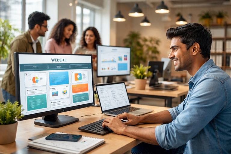 Website development team working in a modern office environment in India