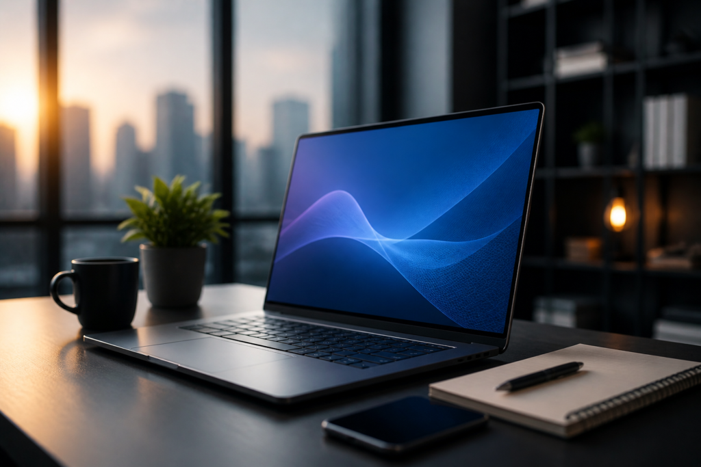 A sleek and minimalist office setup with ambient lighting. A laptop, coffee mug, plant, and notebook are placed on a tidy desk, with a city skyline visible in the background. The lighting creates a warm and inviting atmosphere.