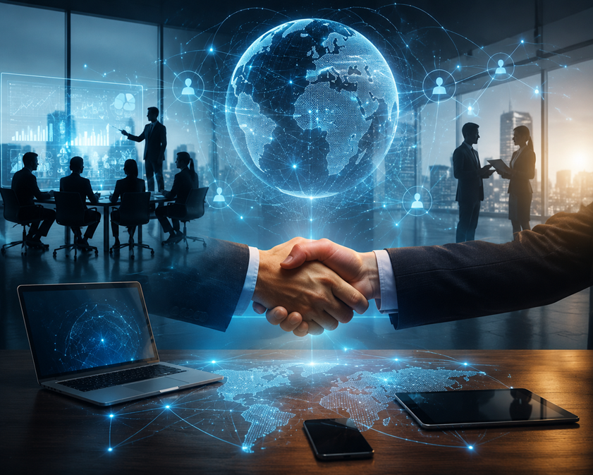 Futuristic high-tech office with digital globe, AI analytics, cloud computing, and enterprise integration concepts, representing modern business technology solutions
