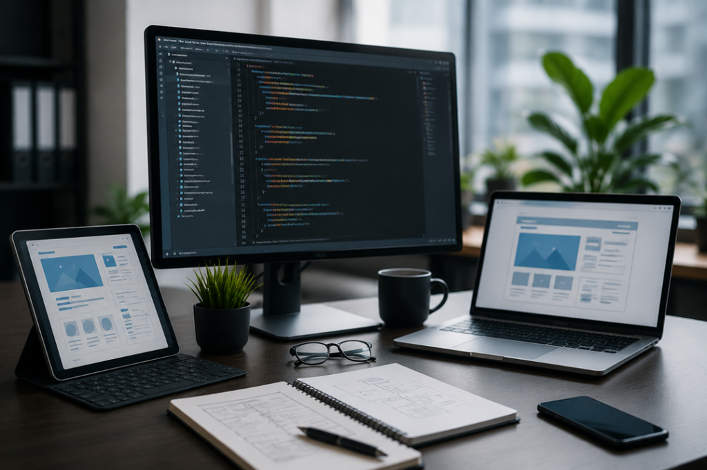 Modern office workspace with laptop, tablet, and monitor showing website development and coding, representing a professional web development agency