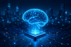 Futuristic AI technology illustration with glowing digital brain hologram over a microchip and connected network system