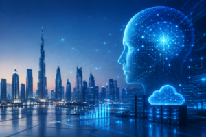 Futuristic AI technology concept with digital human interface, cloud computing, and smart city skyline representing S3BGlobal’s AI-powered solutions in the UAE.
