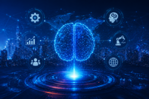 Futuristic AI brain with holographic business analytics and technology icons representing AI-first tech companies in India transforming digital business
